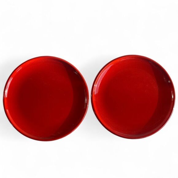 Vintage Bright Red Speckled Glaze 10” Stoneware Couple Dinner Plates - Picture 2 of 16